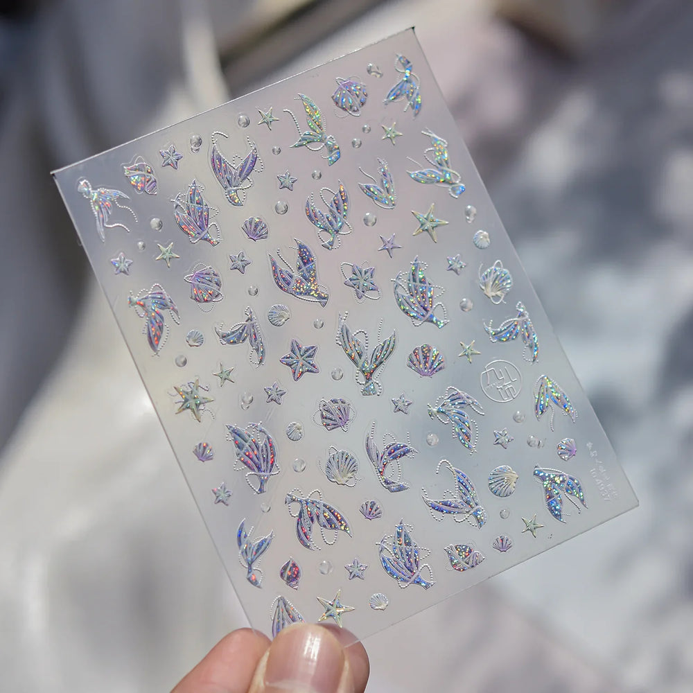 Romantic Mermaid Tail Water Bubbles Seahorse Shell Starfish Coral Pearl Pendant Self Adhesive Nail Art Stickers Manicure Decals (Online Order Only)
