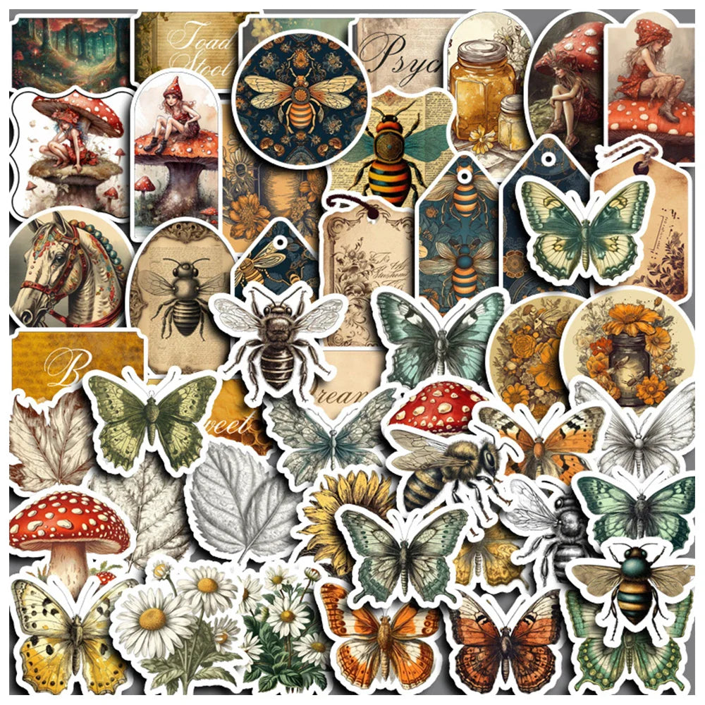 Vintage Butterfly Forest Stickers Pack - 10/30/50PCS Retro DIY Scrapbooking Laptop Decals (Online Order Only)