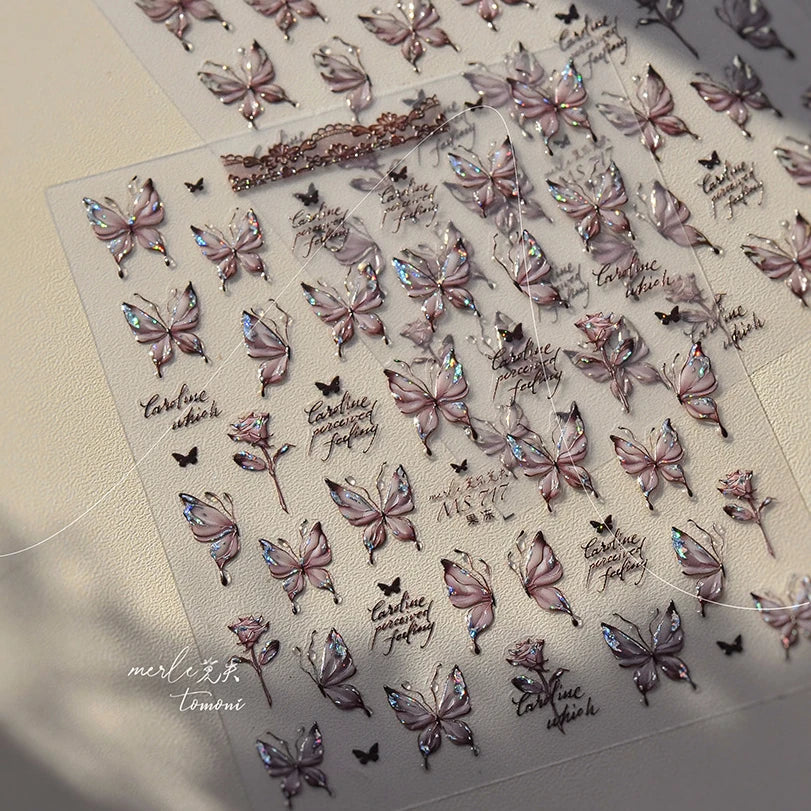 Butterfly Rose Laser Jelly Hot Stamping Lace Letter Flower Love Heart Bowknot 5D Self Adhesive Nail Art Stickers Manicure Decals (ONLINE ORDER ONLY)