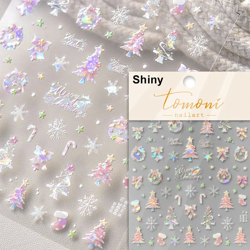 Hot Stamping Romantic White Gold Snowflakes Hexagon Winter 3D Self Adhesive Nail Art Stickers Shiny Rhinestone Manicure Decals (Online Order Only)