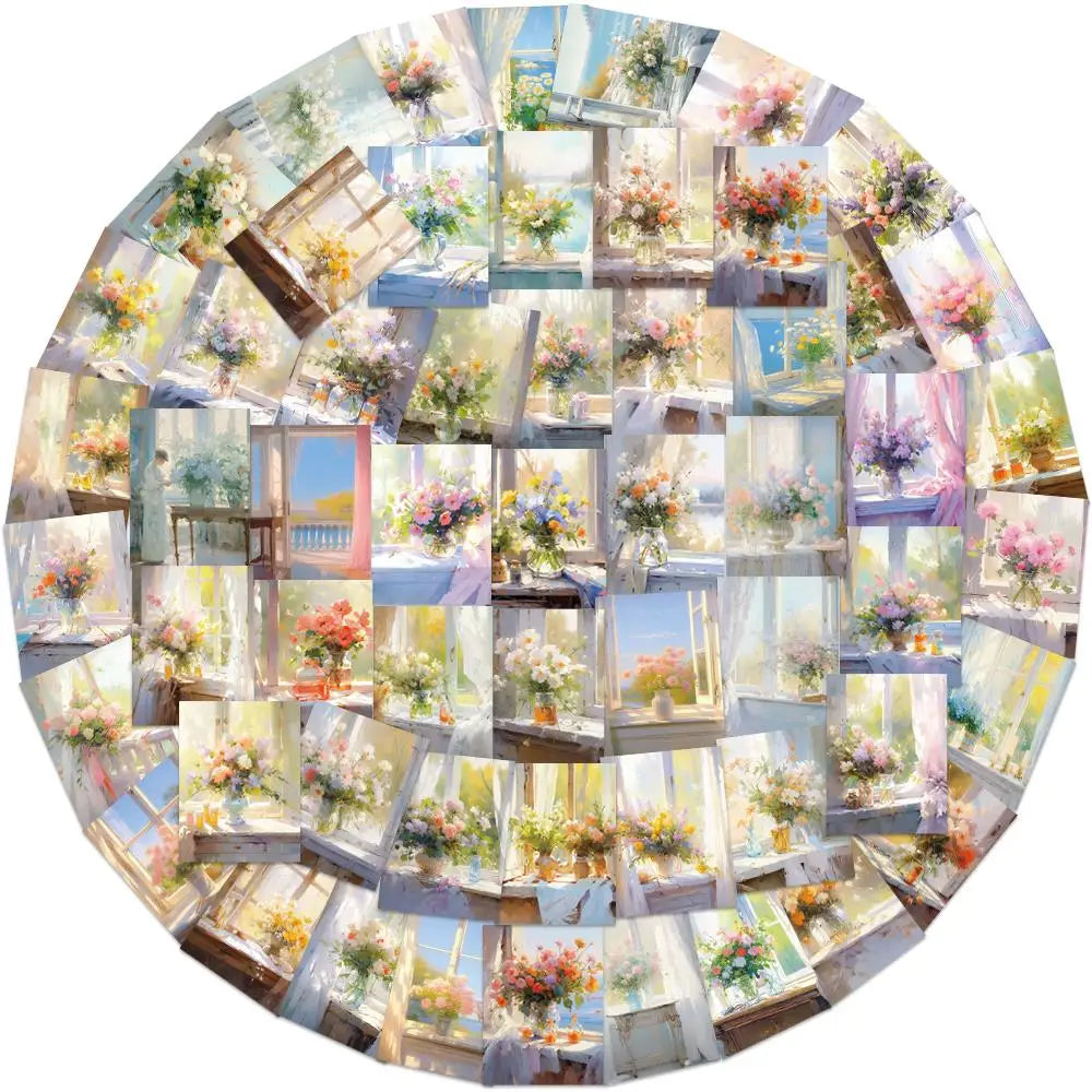 Window Sill Bouquet Oil Painting Style Stickers Waterproof PVC Decorative Decal (Online Order Only)