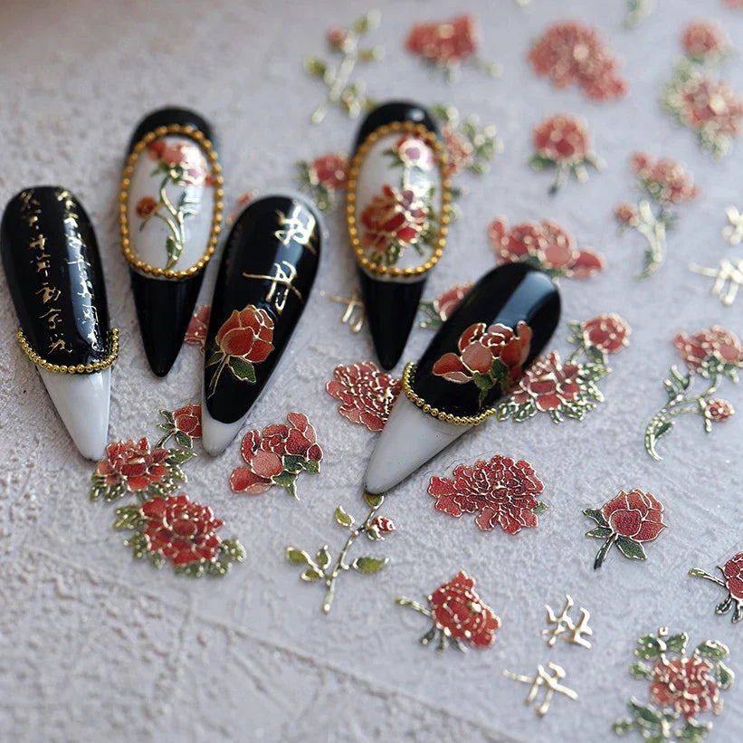 Retro Chinese Characters Charming Rich Peony Delicate Rose Flowers Soft Relief Adhesive Nail Art Stickers Chic Manicure Decals (ONLINE ORDER ONLY)