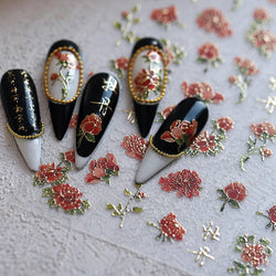 Retro Chinese Characters Charming Rich Peony Delicate Rose Flowers Soft Relief Adhesive Nail Art Stickers Chic Manicure Decals (ONLINE ORDER ONLY)