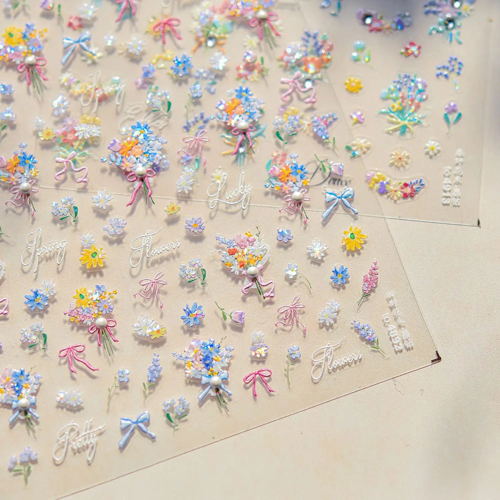 Cute Spring Flowers Purple Blue White Bowknot Rose Garden Daisy 5D Soft Embossed Relief Adhesive Nail Art Sticker Manicure Decal (ONLINE ORDER ONLY)