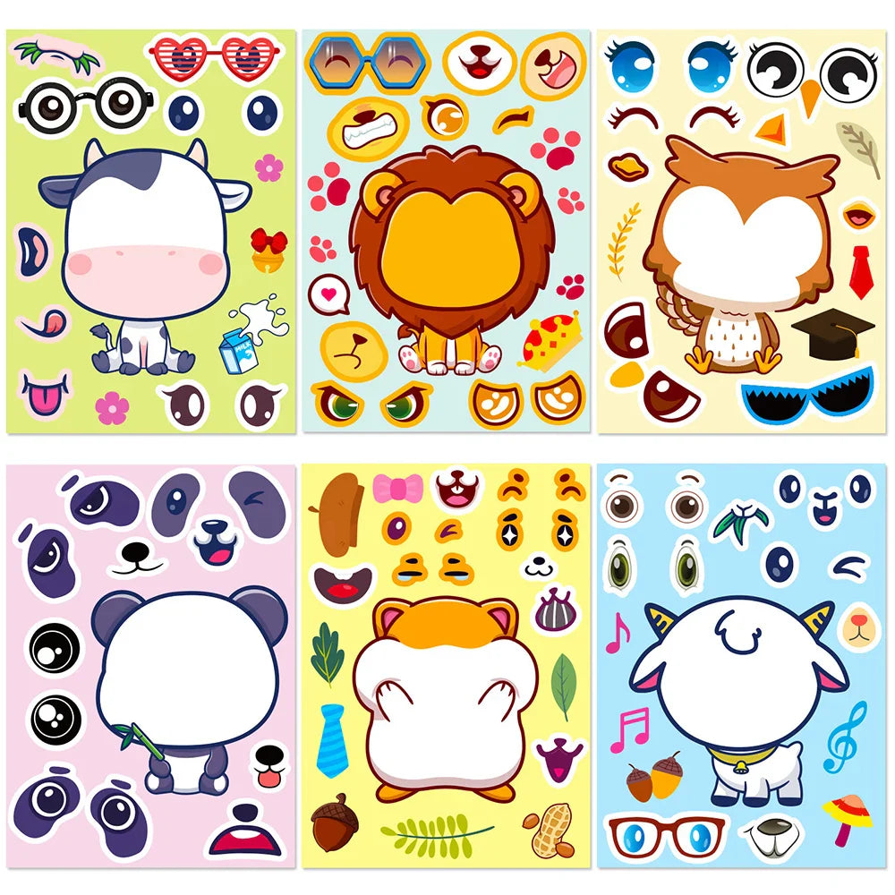 6/12Sheets Animal Make A Face Puzzle Stickers Kids Lion Owl Panda Make Your Own DIY Game Children Cartoon Jigsaw Education Toys (ONLINE ORDER ONLY)