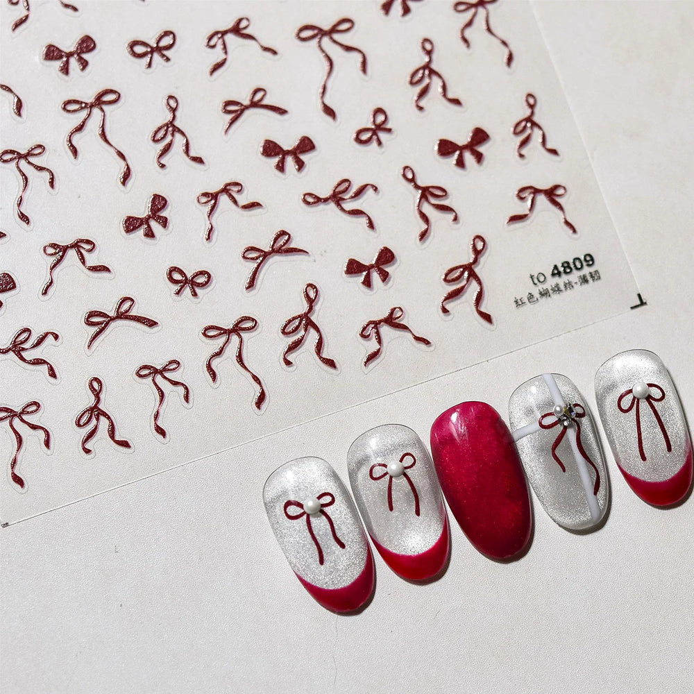 Chic Red Bowknot Silk Ribbon Pearl Elegant Line Self Adhesive Nail Art Stickers Dressy Rhinestone Manicure Decals Nail Supplies (Online Order Only)