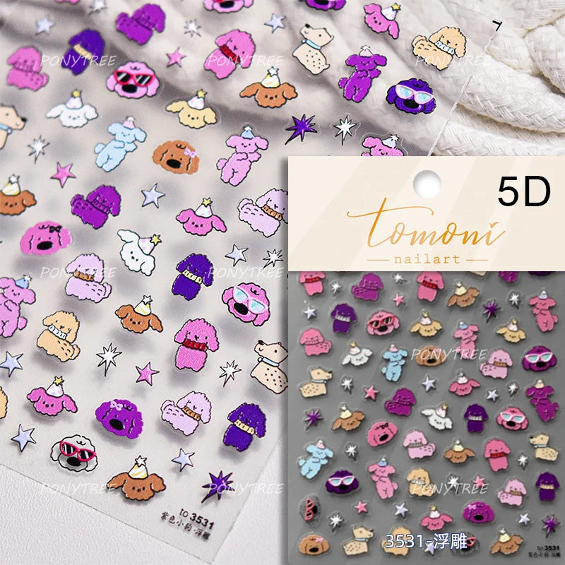 Dyeing Apple Cherry Fruit Dog Puppy Bowknot Colorful Cartoon Graffiti Reliefs Adhesive Nail Art Stickers Flowers Manicure Decals (ONLINE ORDER ONLY)