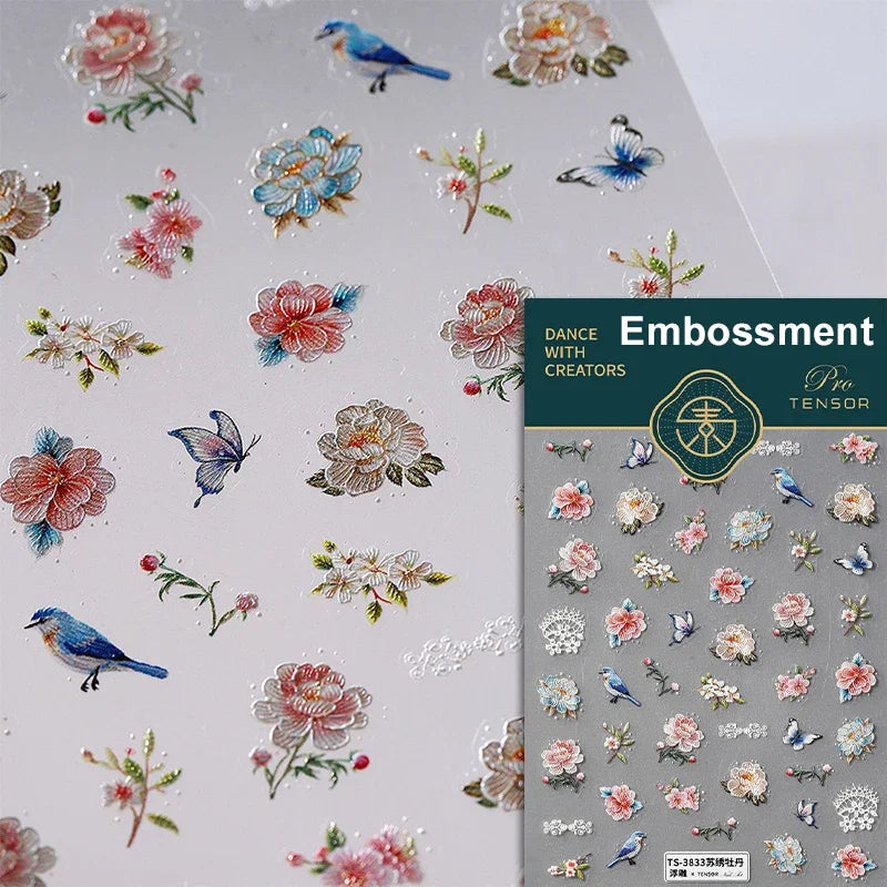 Red Azalea Rose Peony Crane Warbler Bird Fish Lily Chicken Rabbit Lobster Flower Retro Chinese Nail Art Sticker Decoration Decal (Online Order Only)