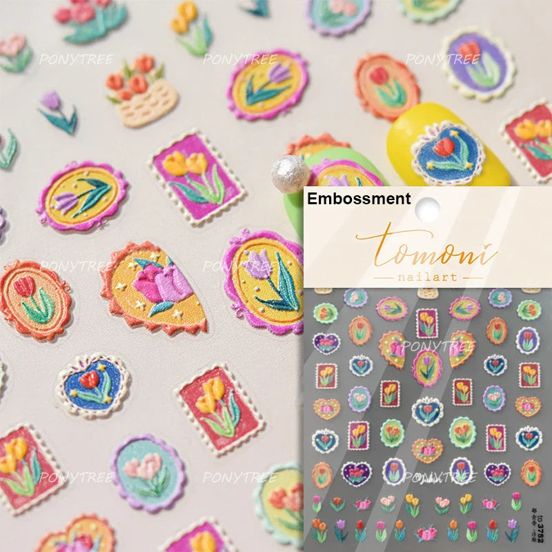 Retro Border Colourful Pink Purple Tulip Flower Bouquet Garden Fragrant 5D Soft Relief Adhesive Nail Art Sticker Manicure Decals (ONLINE ORDER ONLY)