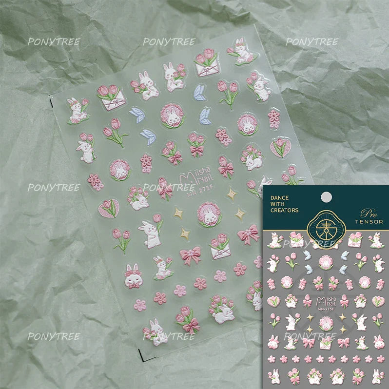 Dreamy White Lace Bowknot Purple Pink Gradual Tulip Flower Butterfly Garden Relief Adhesive Nail Art Stickers Manicure Decals (Online Order Only)