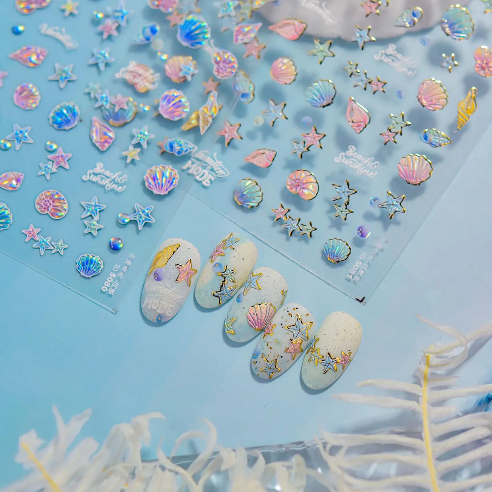 Shiny Colourful Marine Shell Starfish Ocean Elements Star Water Bubbles Star Conch Underwater Nail Art Stickers Manicure Decals (ONLINE ORDER ONLY)