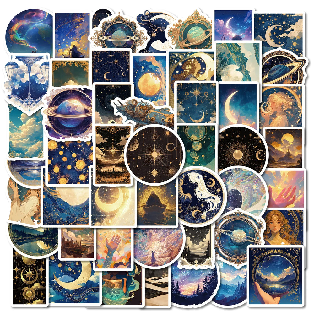 50Pcs Cartoon Sun Moon Stars Stickers for Helmet Wall DIY Decor (Online Order Only)