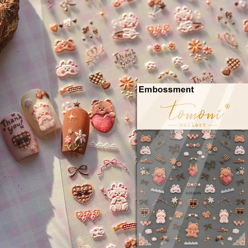Pink Running Rabbit Bowknot Wreath Bunny Flower Tie Totem Pattern Self Adhesive Nail Art Sticker Pearl Rhinestone Manicure Decal (Online Order Only)
