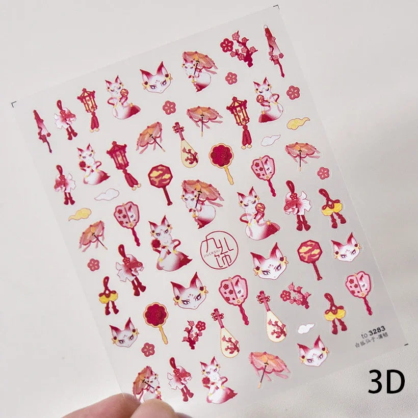 Red Plum Blossom Flower Chinese 3D Self Adhesive Nail Art Decoration Stickers Cheongsam Iris Lily Lotus Vase 5D Manicure Decals (ONLINE ORDER ONLY)