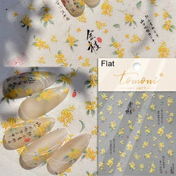 Gradient Coloredful Flower Petal Green Leaf Dreamy Shiny Chinese Rose Fantasy Relief Adhesive Nail Art Stickers Manicure Decals (Online Order Only)