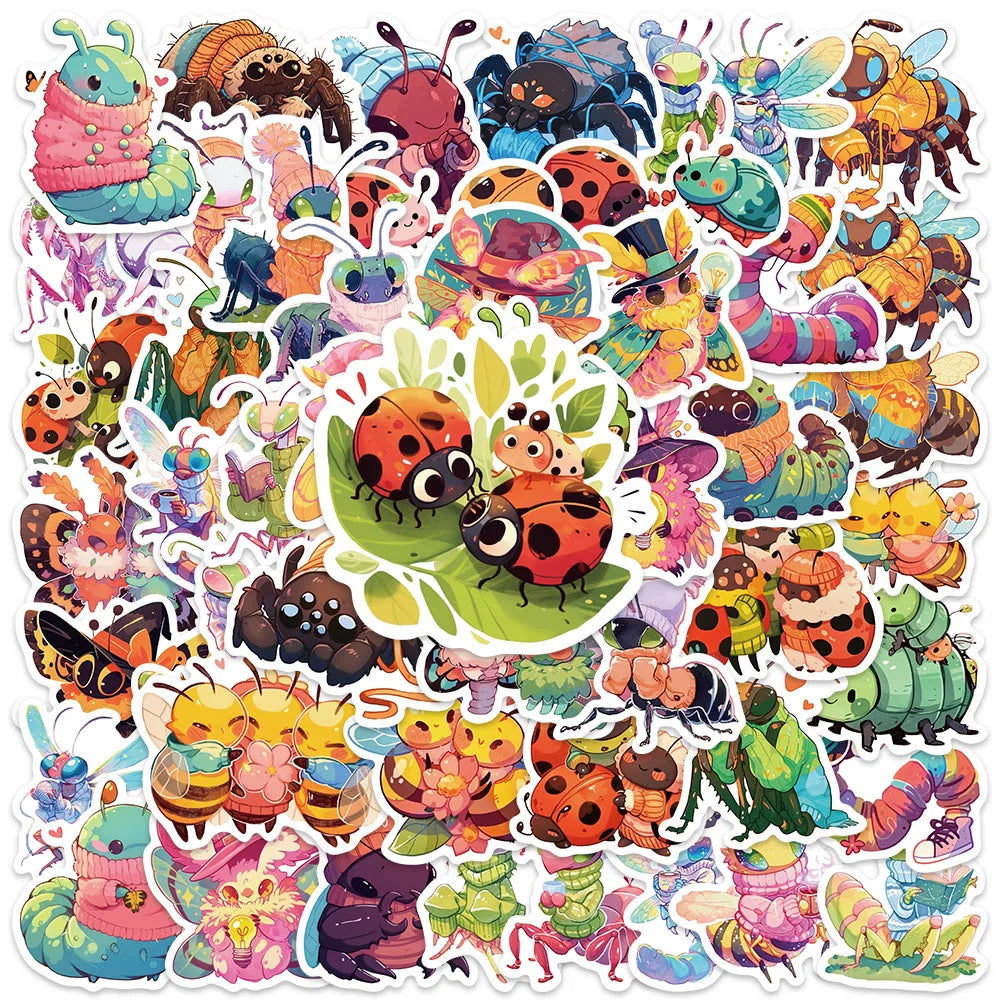 50pcs Cute Cartoon Bee Spider Ladybug Insect Stickers For Kids Luggage Laptop Water Bottle Diary Phone Vinyl Bicycle Decals (Online Order Only)