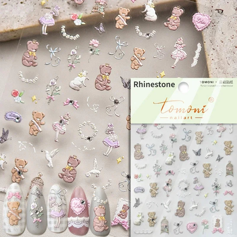 Retro Love Heart White Lace flower Bowknot Tie Pink Bear Flower Strawberry Adhesive Nail Art Stickers Rhinestone Manicure Decals (ONLINE ORDER ONLY)