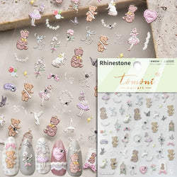 Retro Love Heart White Lace flower Bowknot Tie Pink Bear Flower Strawberry Adhesive Nail Art Stickers Rhinestone Manicure Decals (ONLINE ORDER ONLY)