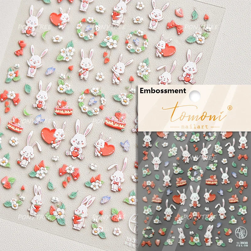 Cute Rabbit Fan Peach Blossom Teacup Lollipop Strawberry Star Cherry Hat Soft Embossed Adhesive Nail Art Stickers Manicure Decal (ONLINE ORDER ONLY)