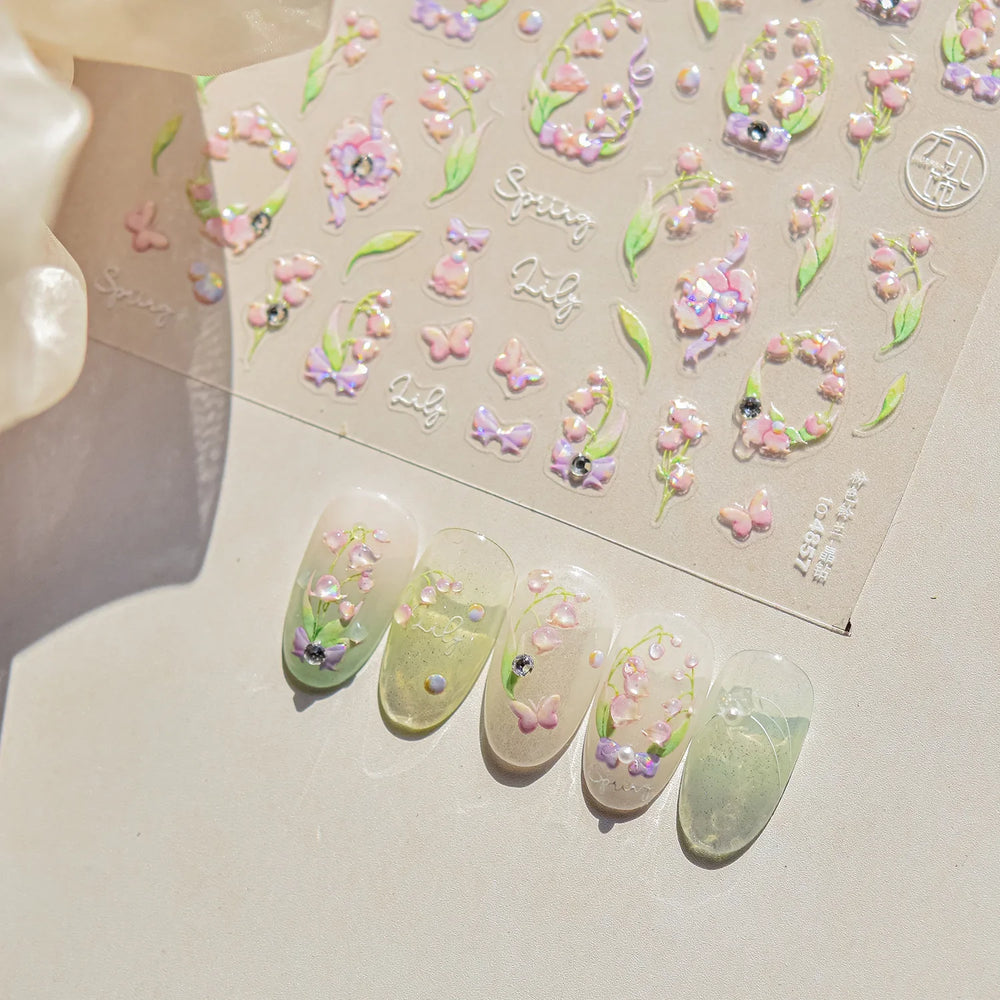 Lily of The Valley Star Spring Flower Bowknot Butterfly Water Bubbles Self Adhesive Nail Art Stickers Rhinestone Manicure Decals (ONLINE ORDER ONLY)
