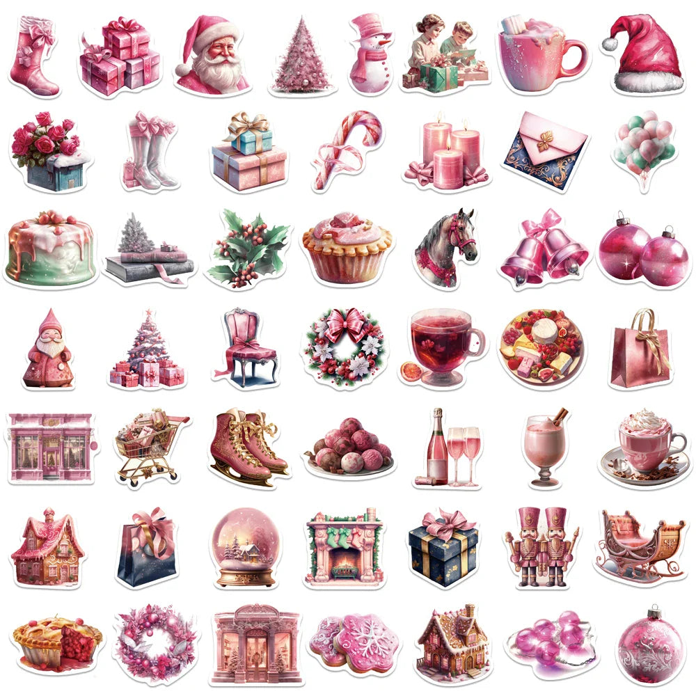 Pink Christmas Graffiti Sticker Set - Waterproof PVC Cartoon Art for Luggage, Phone, Cup, Laptop, Computer (Online Order Only)