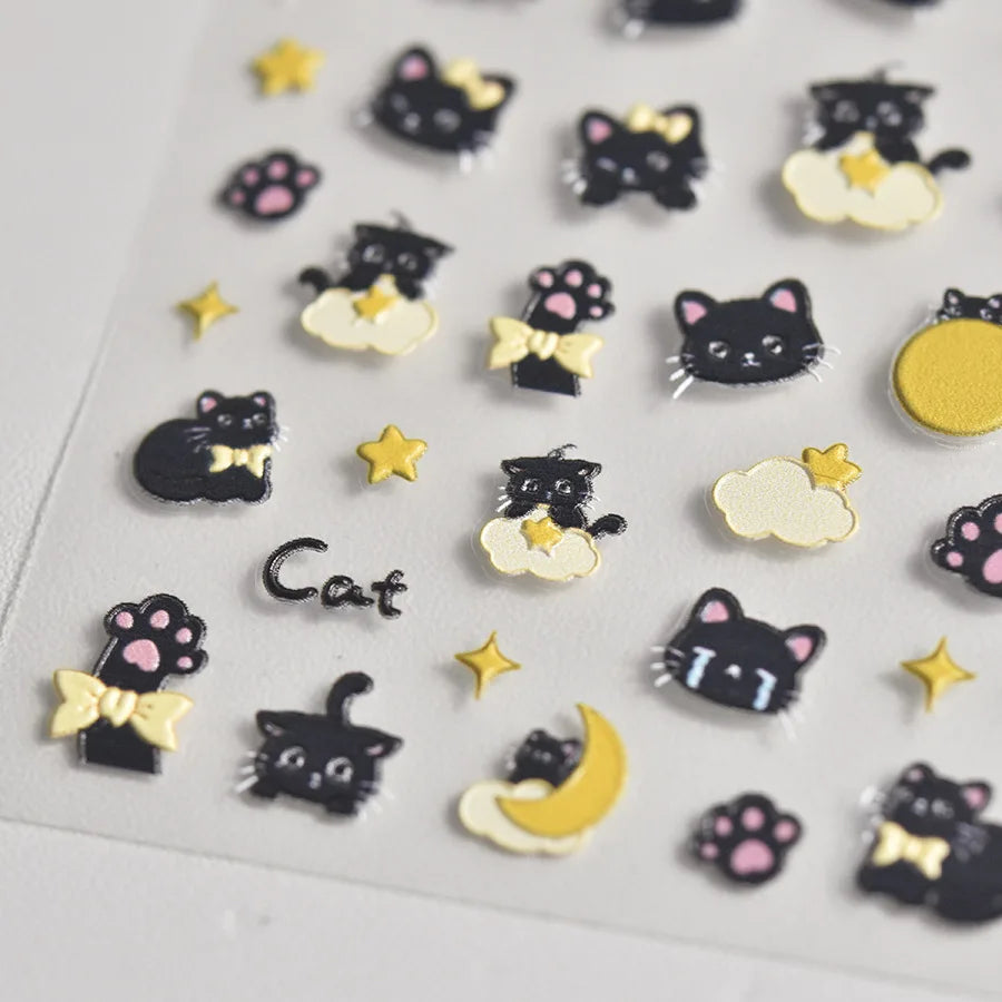 Cartoon Black Kitten Cute Cat Star Moon Bowknot Cat's Paw Flaky Cloud Self Adhesive Nail Art Decoration Stickers Manicure Decals (ONLINE ORDER ONLY)