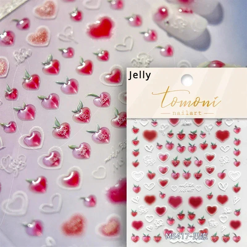 Colorful Food Pudding Alkali Water Bowknot Cream Fork Cup Bread Jelly Fruit Cartoon Cake Relief Nail Art Sticker Manicure Decals (ONLINE ORDER ONLY)