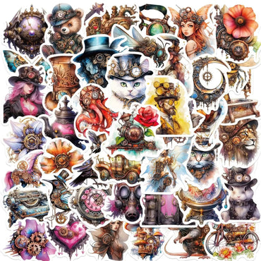 10/50PCS Vintage Steampunk Metal Cat Animal Stickers Goth Girl Decals DIY Motorcycle Luggage Phone Car Cool Waterproof Sticker (Online Order Only)