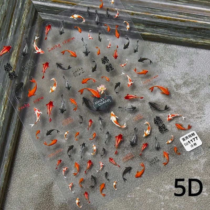 Chinese Black Red Lucky Carp Fish 3D Self Adhesive Nail Art Stickers 5D Soft Relief Nail Phone Decals Goldfish Beach Sea Summer (ONLINE ORDER ONLY)