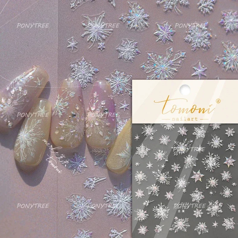 Flying Snowflakes Cold Winter Geometric Hexagon Star Romantic Adhesive Nail Art Stickers Embossment Rhinestone Manicure Decals (ONLINE ORDER ONLY)