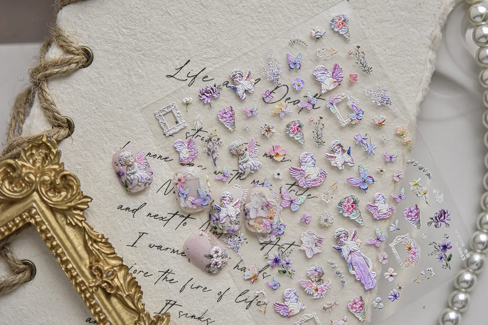 Angel Bowknot Stone Statue Vintage Photo Frame Flower Bed Bouquet Garden Rose Crown Adhesive Nail Art Stickers Manicure Decals (ONLINE ORDER ONLY)