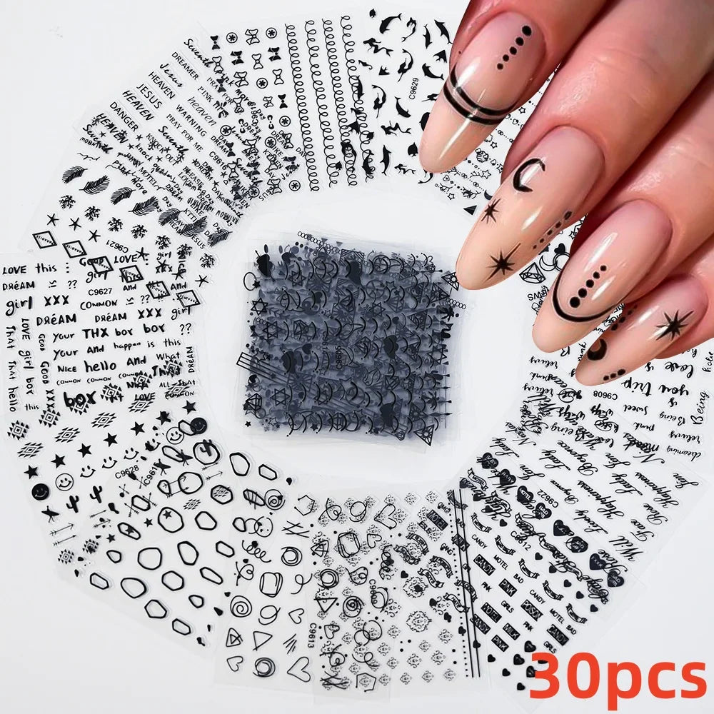 30Pcs/Set Red Golden 3D Nail Art Sticker Hot Stamping Hollow Decals Mixed Designs Adhesive Flower Nail Tips Letter Butterfly Set (Online Order Only)