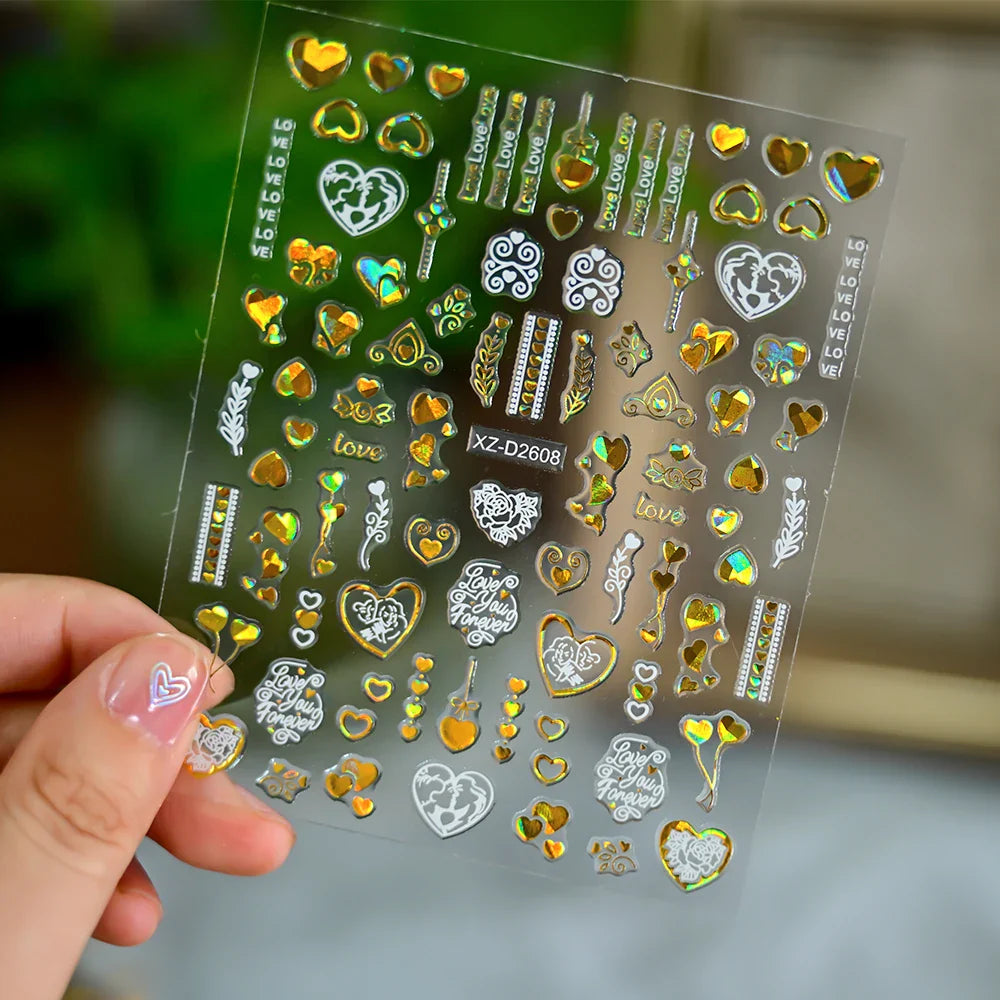 1PC Holographic Laser Heart Nail Stickers-3D Self-Adhesive Golden White Valentines Day Nail Decals For Women Nail Art Decoration (ONLINE ORDER ONLY)