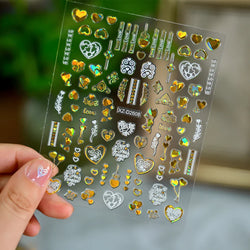 1PC Holographic Laser Heart Nail Stickers-3D Self-Adhesive Golden White Valentines Day Nail Decals For Women Nail Art Decoration (ONLINE ORDER ONLY)