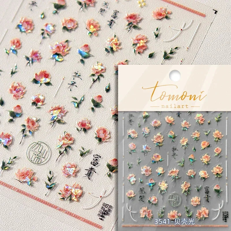 Red Plum Blossom Flower Chinese 3D Self Adhesive Nail Art Decoration Stickers Cheongsam Iris Lily Lotus Vase 5D Manicure Decals (ONLINE ORDER ONLY)