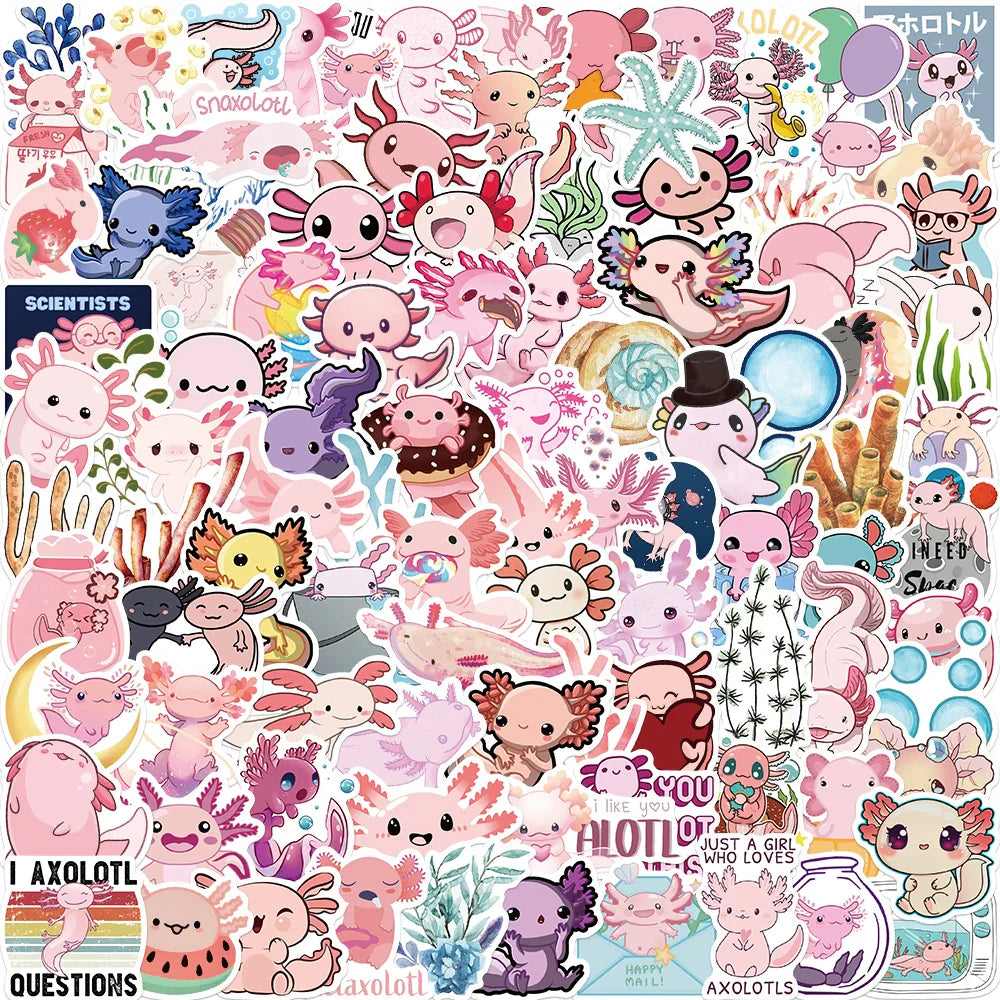 100Pcs Axolotl Graffiti Stickers Cute Animal Cartoon Decal Kids Toy Suitcase Scrapbook Diary Phone Laptop Sticker Pack (Online Order Only)