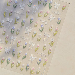 Dreamy White Lace Bowknot Purple Pink Gradual Tulip Flower Butterfly Garden Relief Adhesive Nail Art Stickers Manicure Decals (Online Order Only)