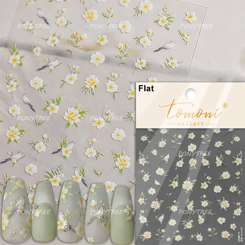 Cute Beige Yellow Pristine Fresh Daisy Flower 5D Shiny Soft Embossed Relief Charm Self Adhesive Nail Art Stickers Manicure Decal (ONLINE ORDER ONLY)