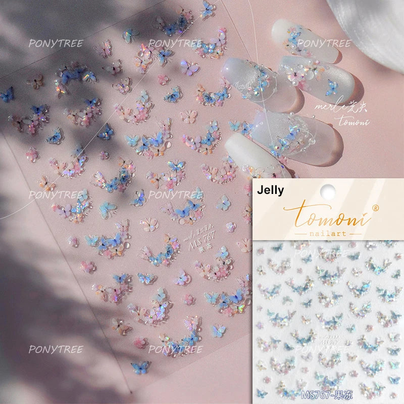 Gradual Asymmetric Butterfly Rose Flower Moon Ancient Poem 5D Reliefs Self Adhesive Nail Stickers JellyManicure Decals Wholesale (Online Order Only)