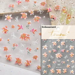 Gradient Coloredful Flower Petal Green Leaf Dreamy Shiny Chinese Rose Fantasy Relief Adhesive Nail Art Stickers Manicure Decals (Online Order Only)