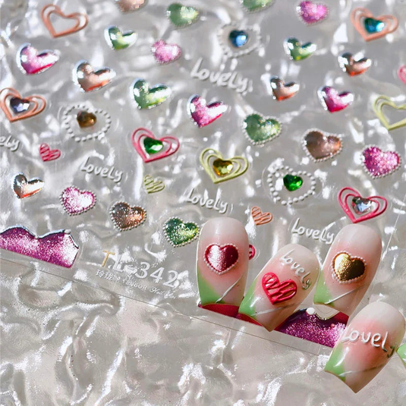 Lovely Love Heart Graffiti Crystal Geometric Cat's Eye Macaron Color Hollow Out Self Adhesive Nail Art StickersManicure Decals (ONLINE ORDER ONLY)