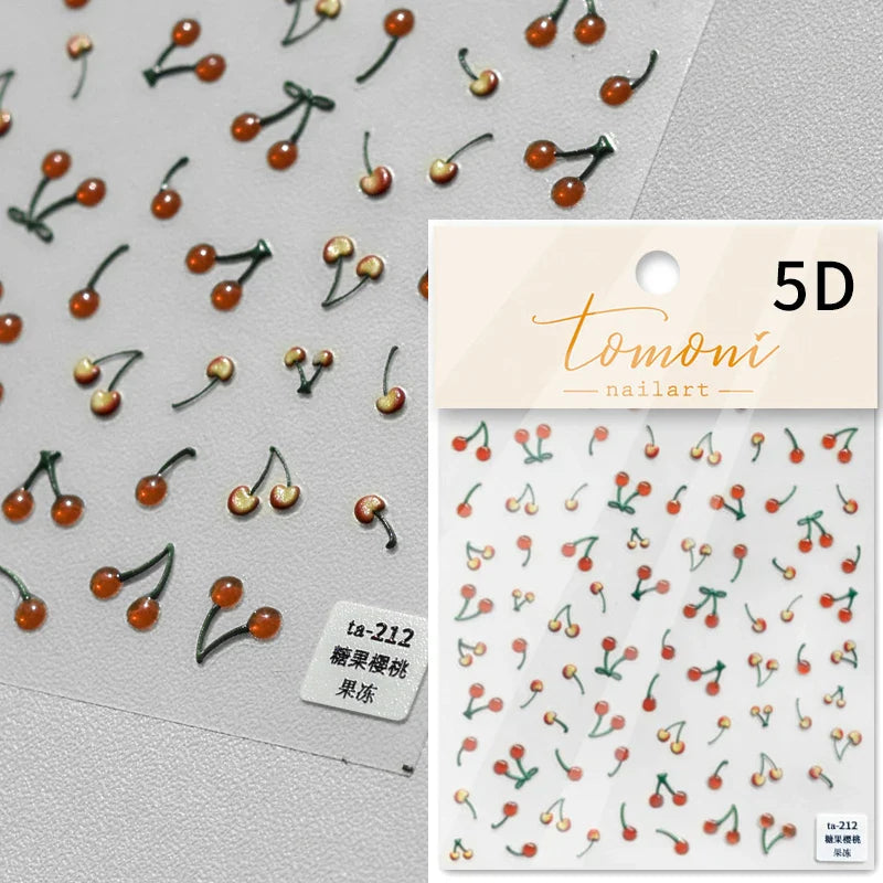 Cute Fresh Fruit Lovely Red Strawberry Grape Cherry Peach 3D Jelly Design Dopamine Self Adhesive Nail Art Sticker Manicure Decal (Online Order Only)