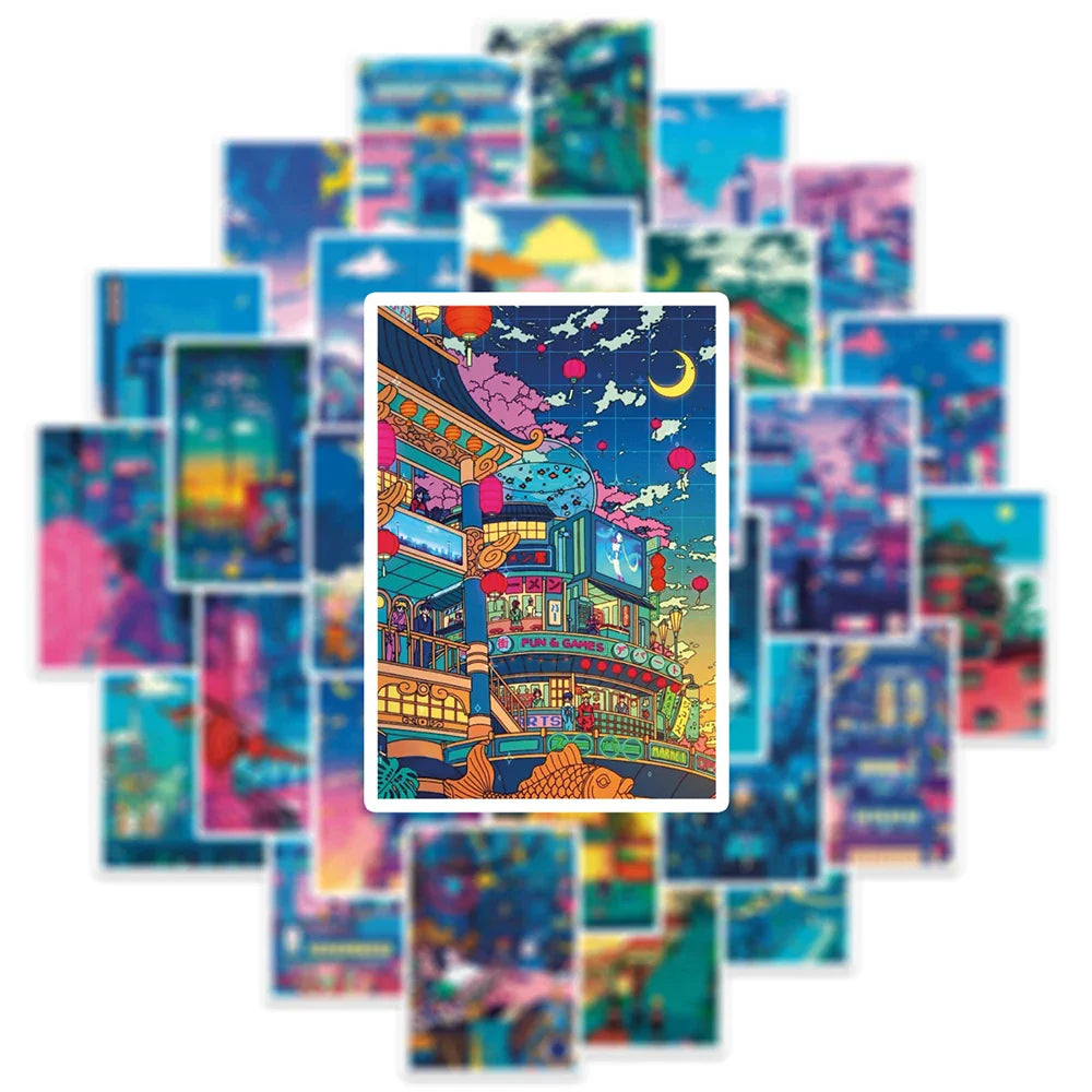 10/30/50pcs Anime View Street Night Painting Prints Cartoon Stickers Cute Aesthetic Decals Skateboard Laptop Phone Cool Sticker (Online Order Only)