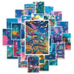 10/30/50pcs Anime View Street Night Painting Prints Cartoon Stickers Cute Aesthetic Decals Skateboard Laptop Phone Cool Sticker (Online Order Only)