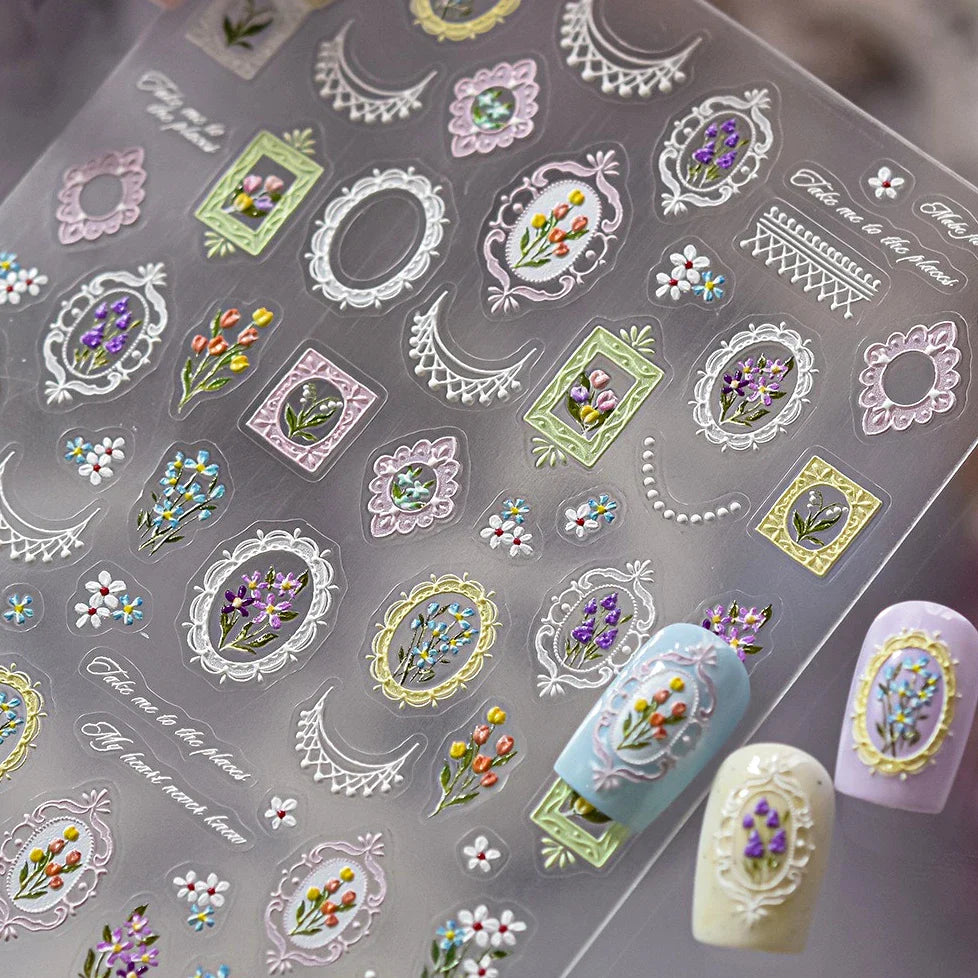 Retro European Flower Frame Gypsophila Bouquet Garden Charming Tulip Lavender Daisy Delicate Nail Art Stickers Manicure Decals (ONLINE ORDER ONLY)
