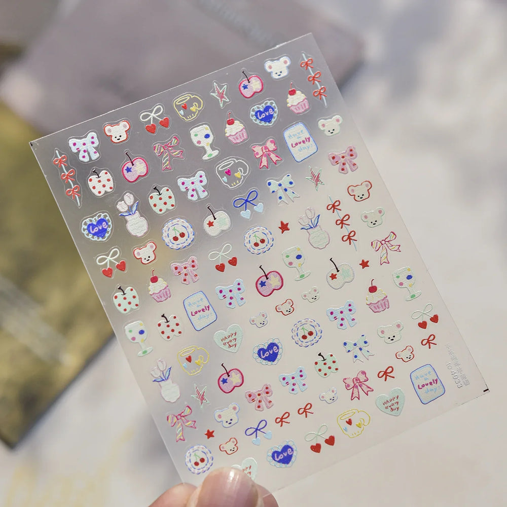 Bear Bowknot Bag Dessert Apple Core Earphone Cup Tulip Cherry Milk Cake Cookies Flower Adhesive Nail Art Stickers Manicure Decal (ONLINE ORDER ONLY)