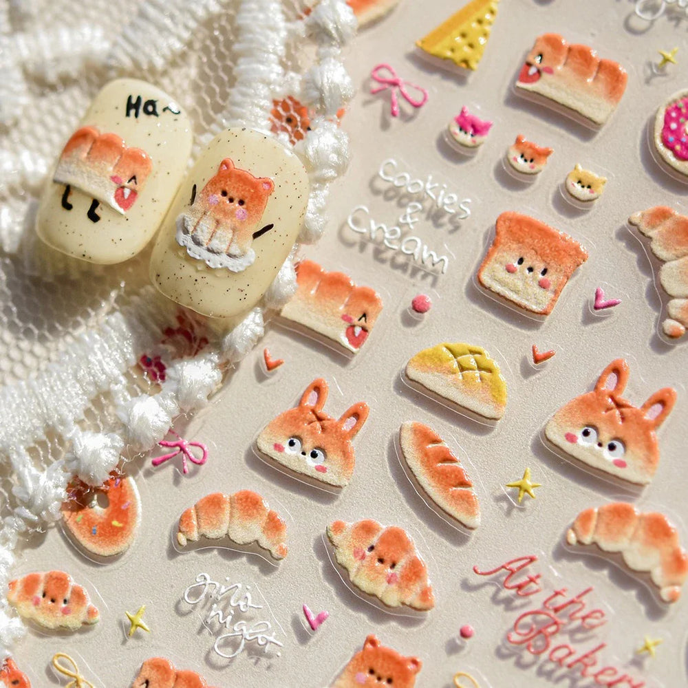 Cute Food Dog Baking Cookies Bread Rabbit Cheese Pudding Croissant Doughnut Adhesive Nail Art Decoration Sticker Manicure Decals (ONLINE ORDER ONLY)