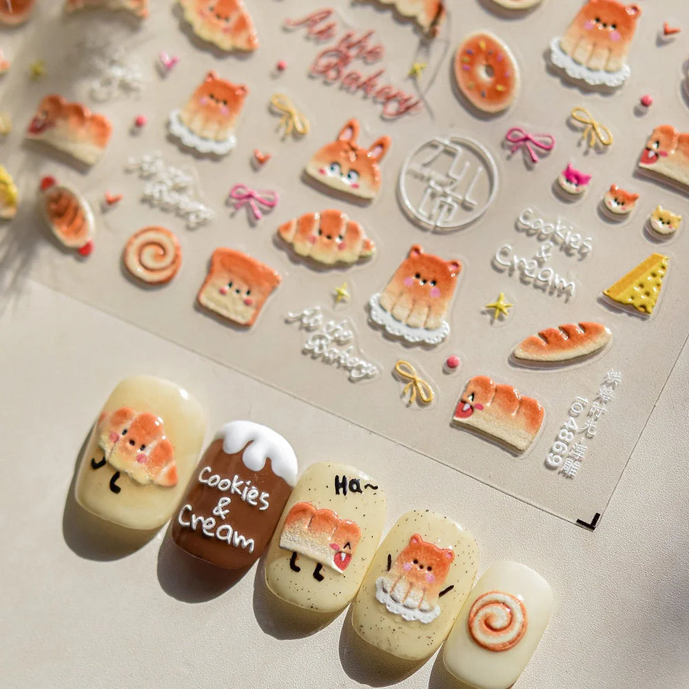 Cute Food Dog Baking Cookies Bread Rabbit Cheese Pudding Croissant Doughnut Adhesive Nail Art Decoration Sticker Manicure Decals (ONLINE ORDER ONLY)