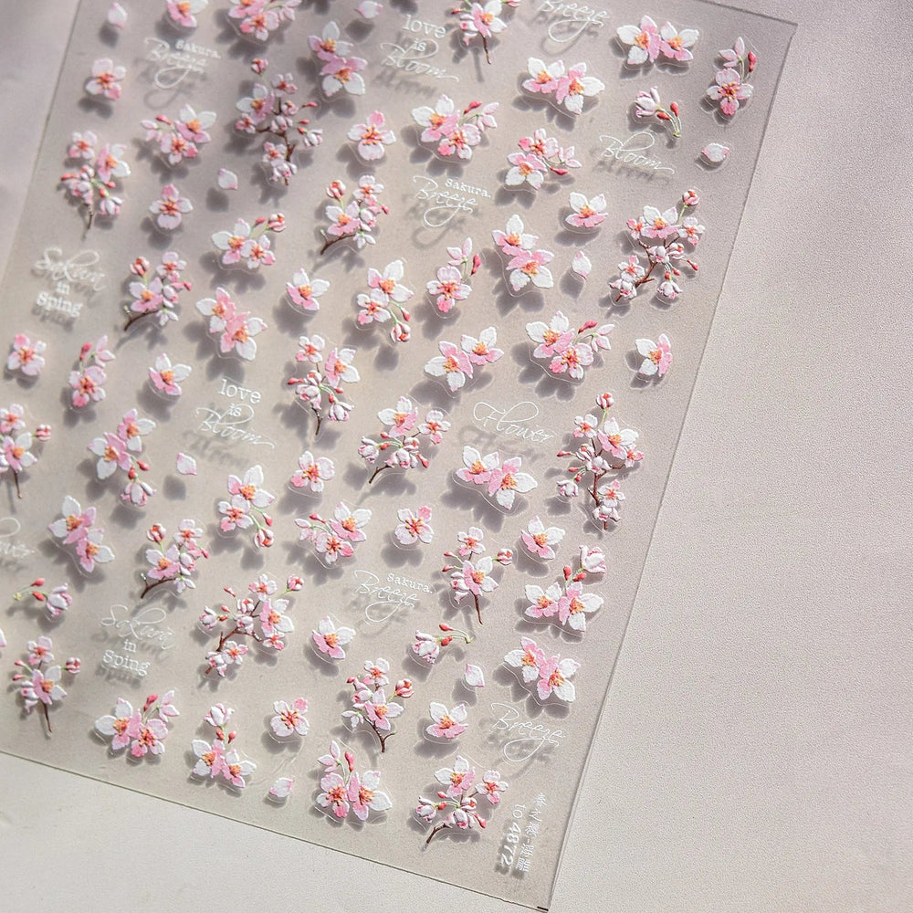 Flowers Blooming Cherry Blossom Sakura Living Peach Branch 5D Soft Relief Spring Adhesive Nail Art Sticker Chic Manicure Decals (ONLINE ORDER ONLY)