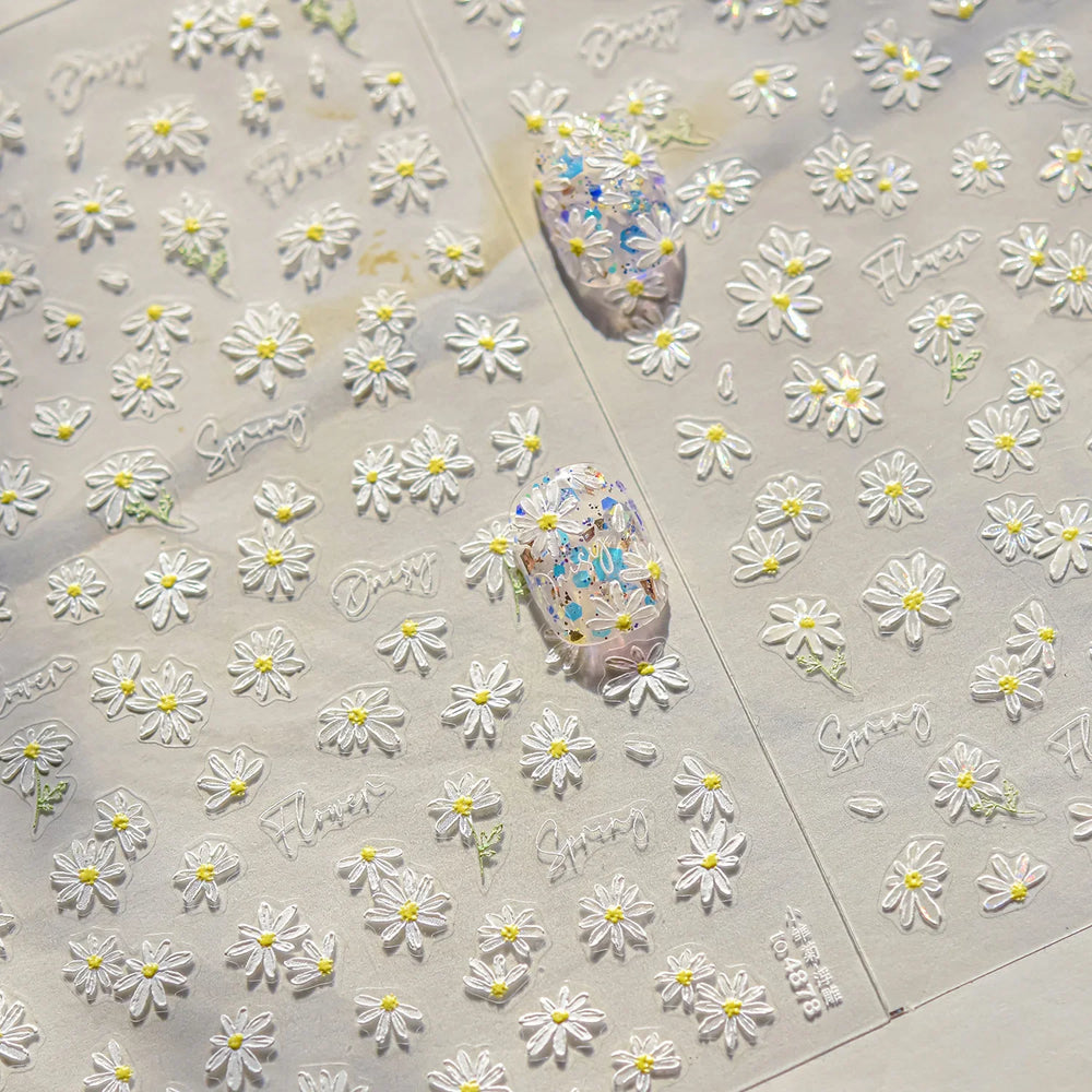 Cute Beige Yellow Pristine Fresh Daisy Flower 5D Shiny Soft Embossed Relief Charm Self Adhesive Nail Art Stickers Manicure Decal (ONLINE ORDER ONLY)
